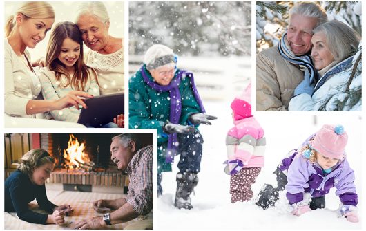 collage de famille jouant en hiver