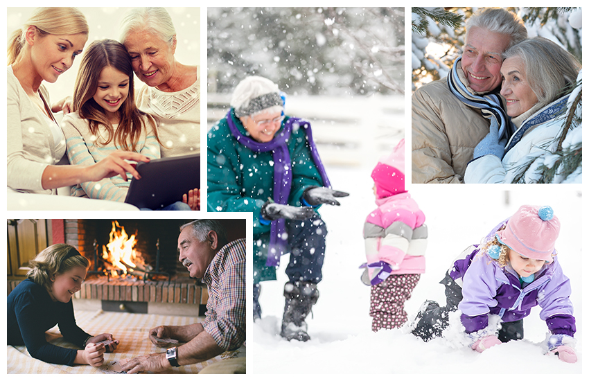 collage de famille jouant en hiver