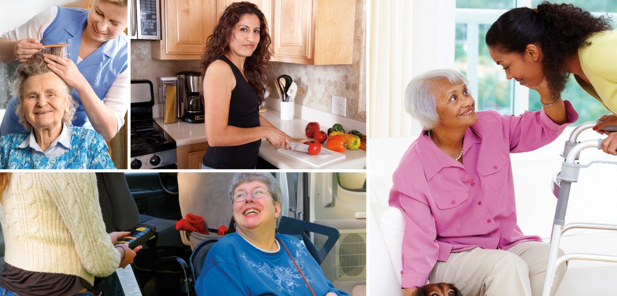 collage de personnes âgées avec des soignants