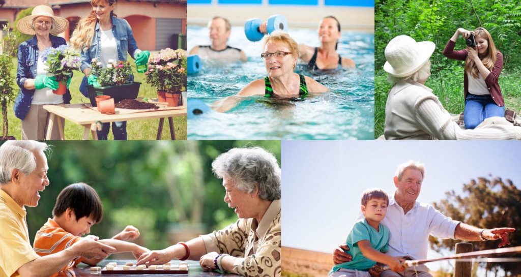 collage de diverses personnes âgées avec des activités en famille