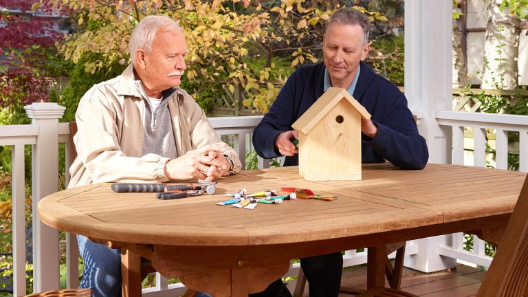Senior man and son building bird house