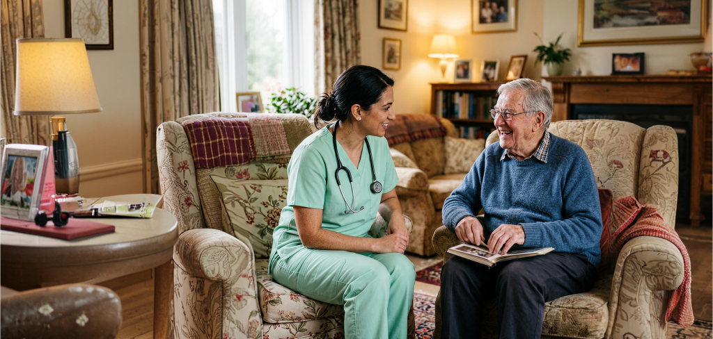 A nurse chatting with an elderly man