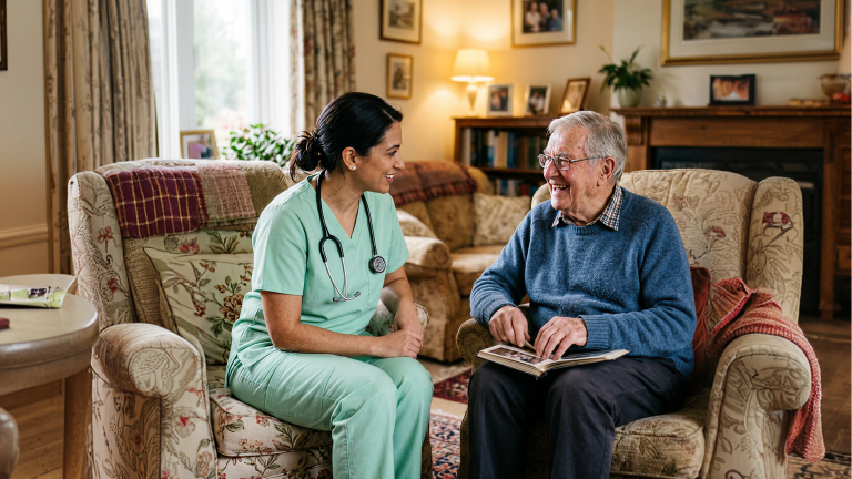 A nurse chatting with an elderly man