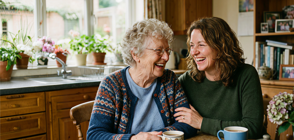 A young woman and an elderly woman having laughing and having coffee together