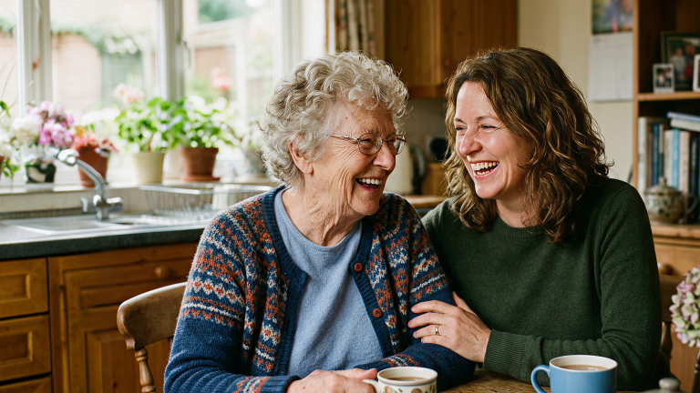 A young woman and an elderly woman having laughing and having coffee together