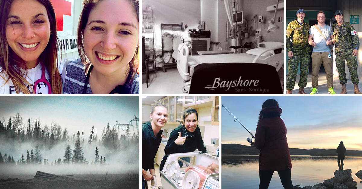 Collage of six pictures of two women smiling, a care room, three men posing for the camera, misty forest with trees, two caregivers smiling for the camera and a woman fishing on a lake.