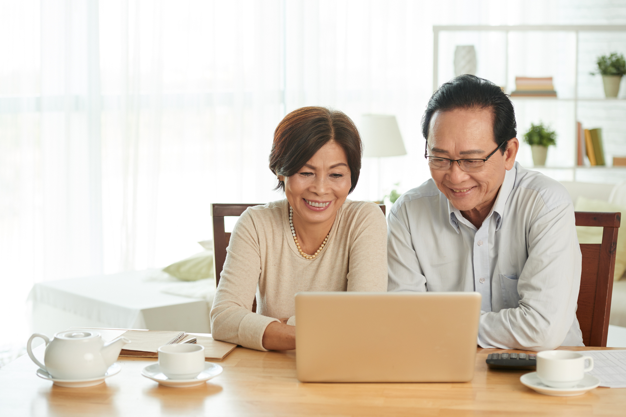 Senior couple smiling at laptop