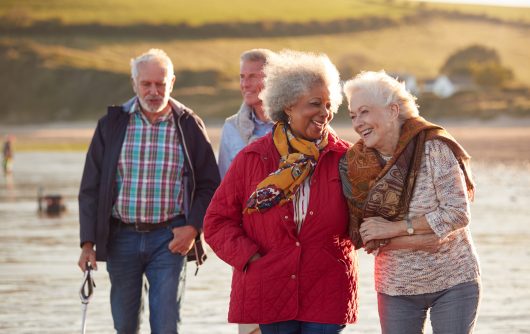 Groupe d'amis seniors souriants marchant bras dessus bras dessous le long du rivage