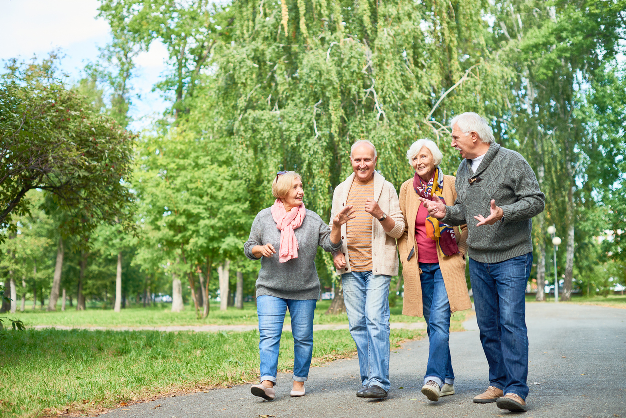 Group of seniors walking and talking in park