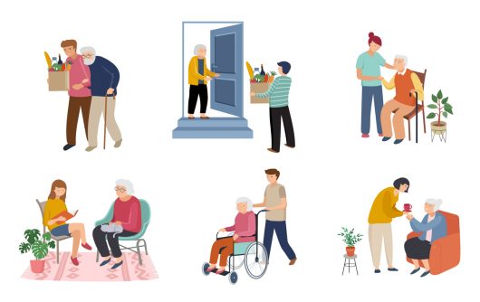 Collage of illustrations of young people helping elderly people