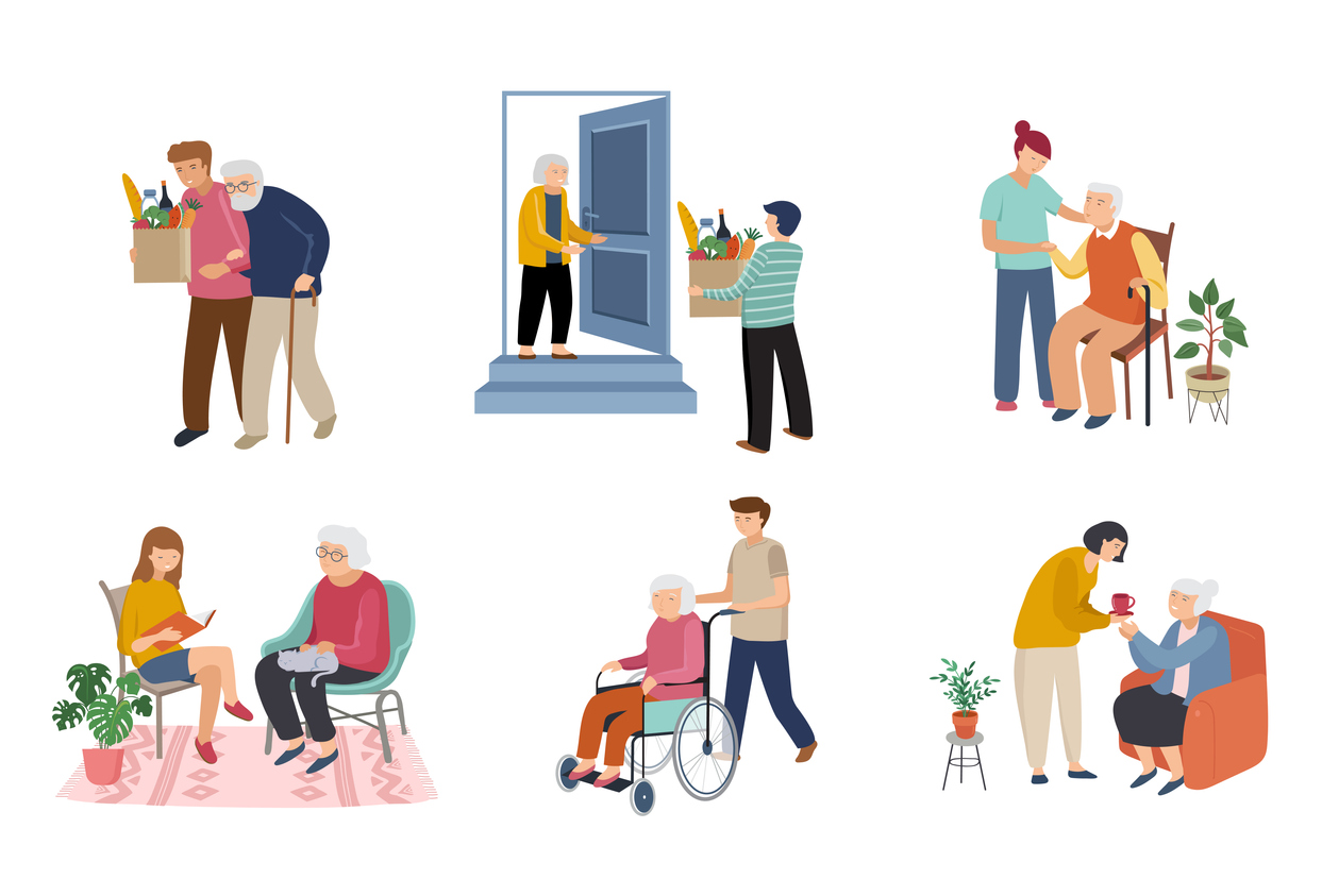 Collage of illustrations of young people helping elderly people