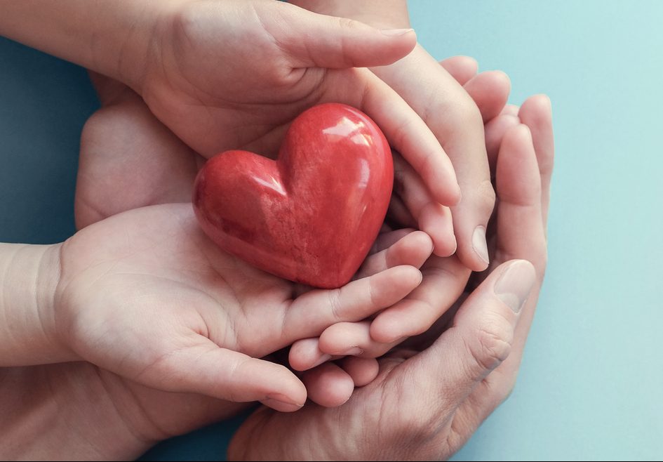 Adult and child hands holding red heart