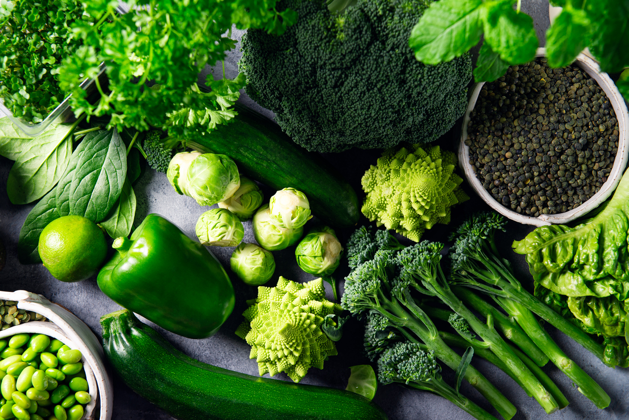 Variety of Green Vegetables and Fruits