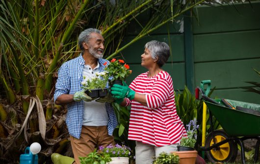 Senior couple looking at each other in backyard