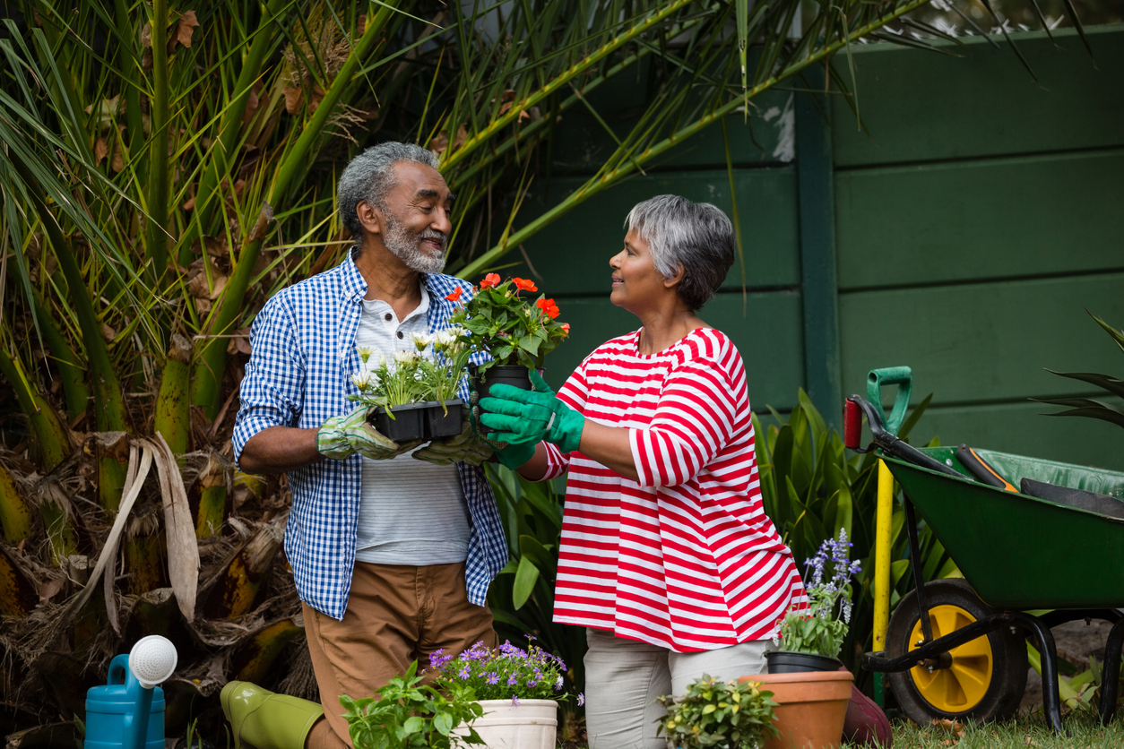 Senior couple looking at each other in backyard