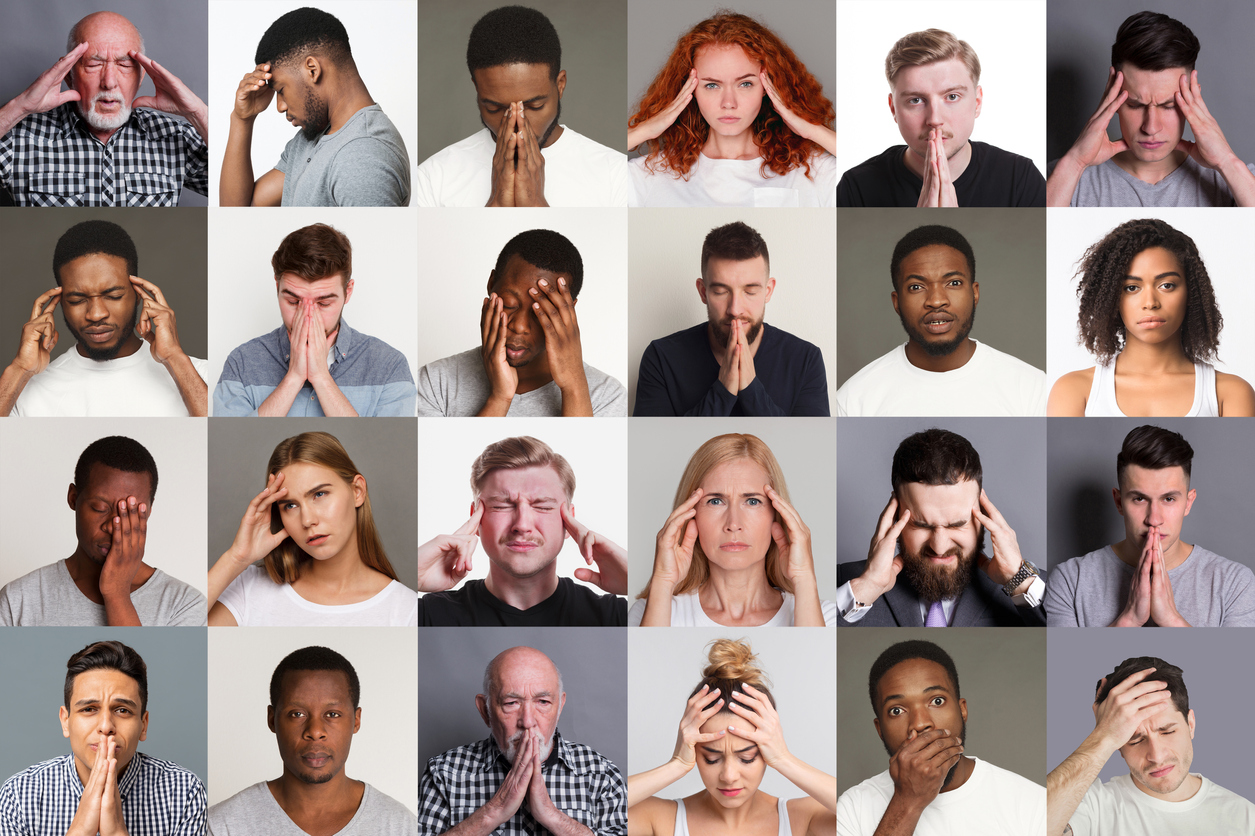 Collage avec diverses personnes souffrant de maux de tête, de stress ou de problèmes