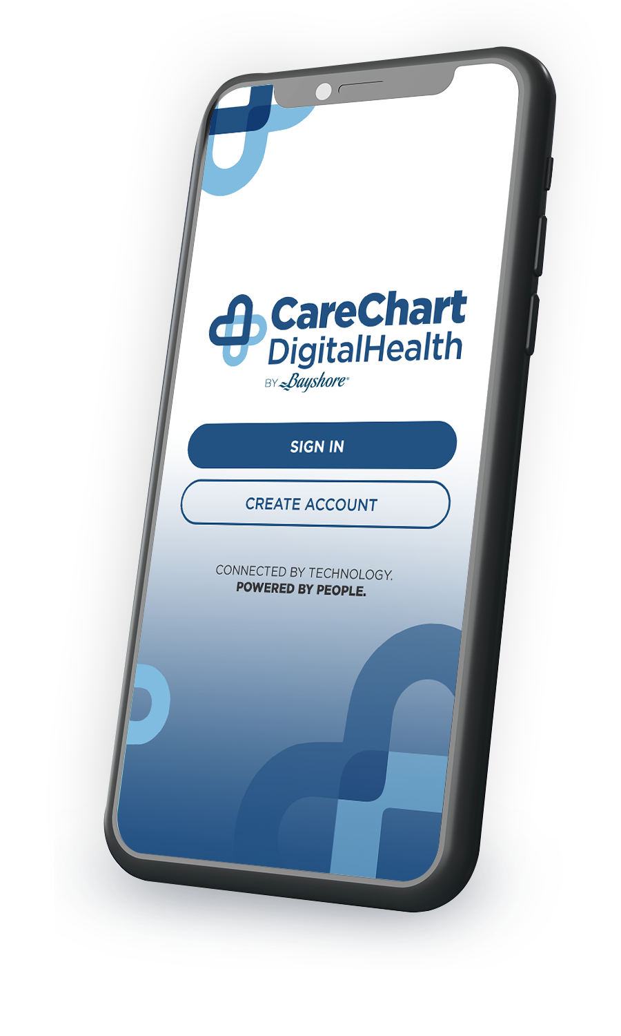 Mobile screen of care chart that shows sign-in and create account buttons. The screen has "Care Chart Digital Health by Bayshore" as the header.