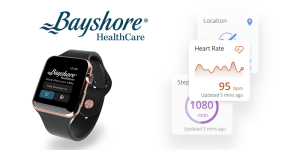 A smartwatch showing the Bayshore Health Monitor app. One of the screens shows a heart rate graph.