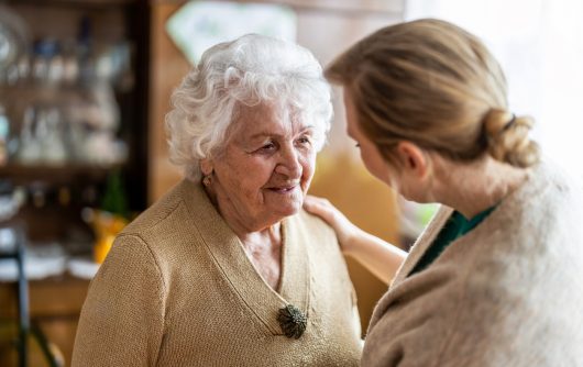 Health visitor talking to a senior woman during home visit