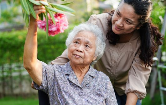 Asian elderly woman enjoy in flower garden with caregiver in park.