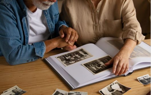 couple looking at photo album