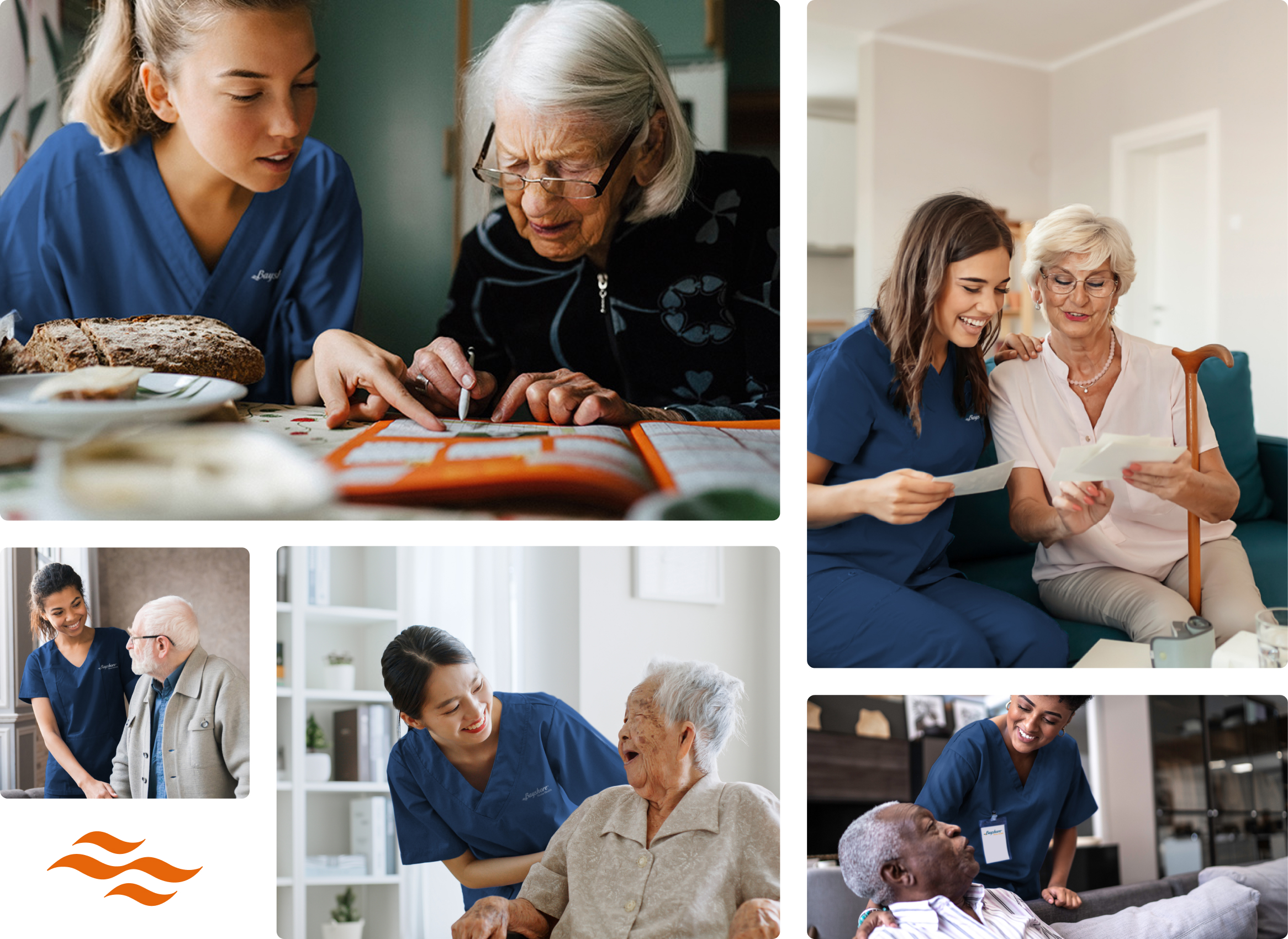 Five images of caregivers assisting seniors
