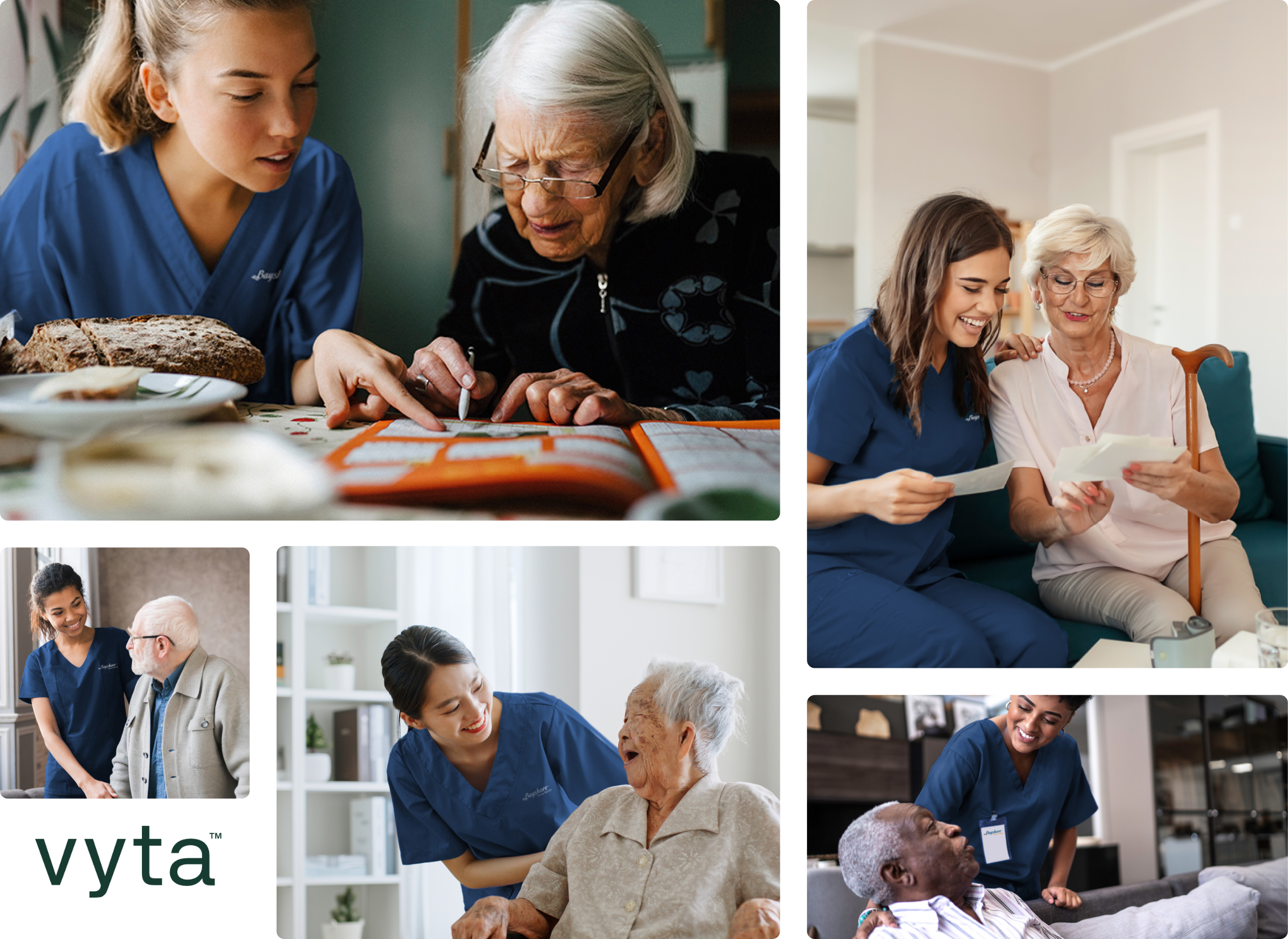 Five images of caregivers assisting seniors