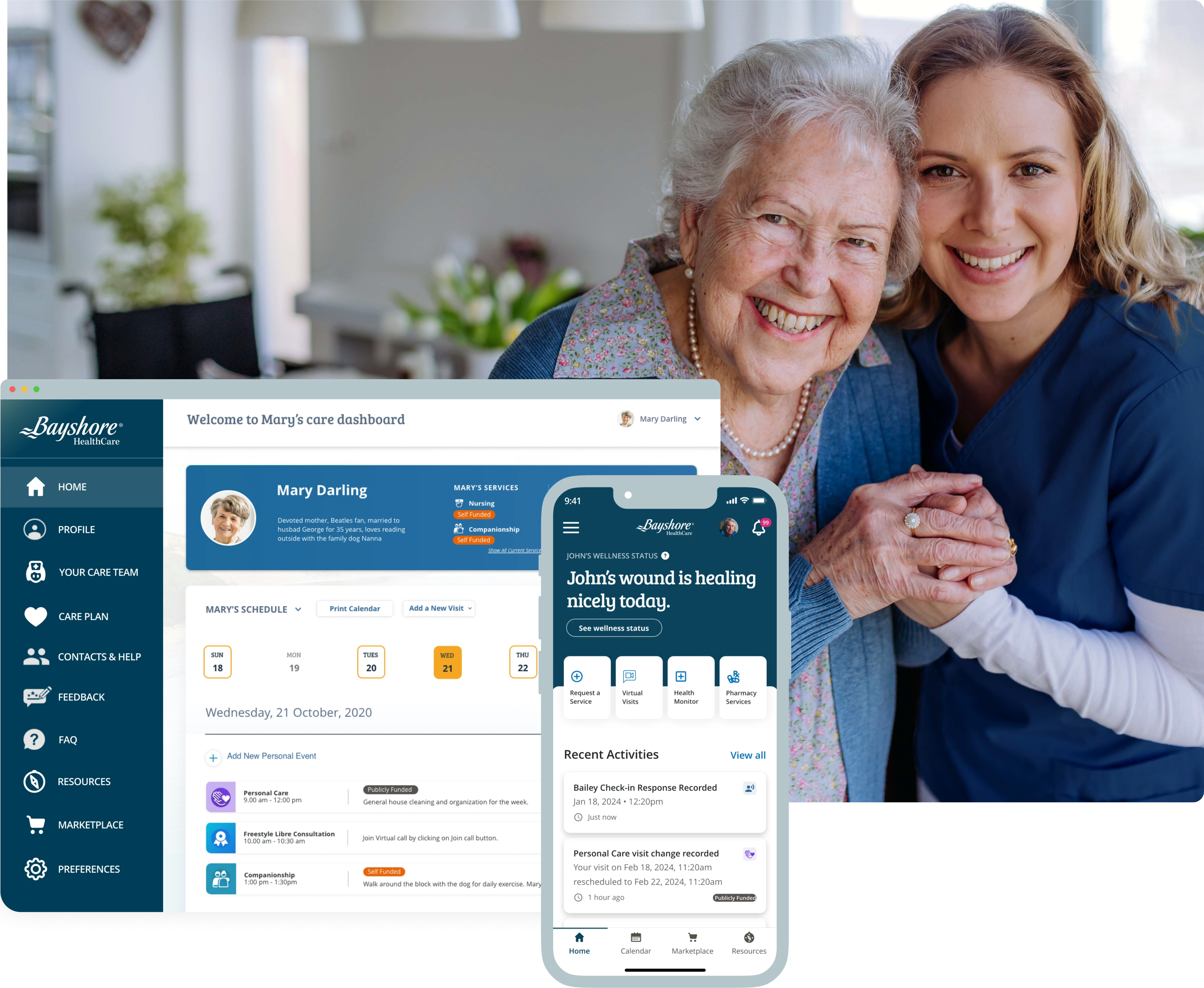 MyBayshoreCare User interface over an image of a caregiver and a patient.
