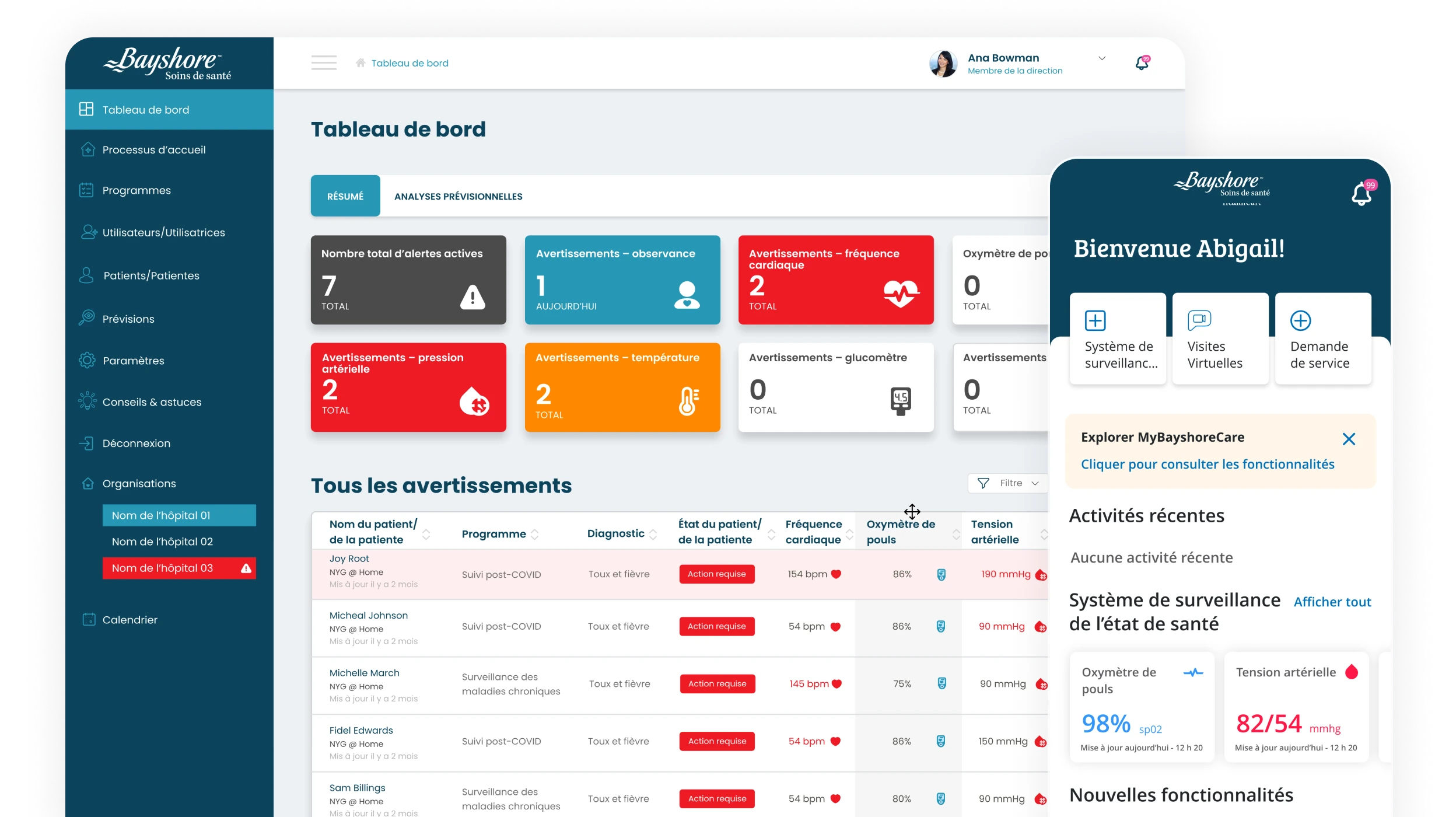 Page de surveillance de la santé de MesSoinsBayshore
