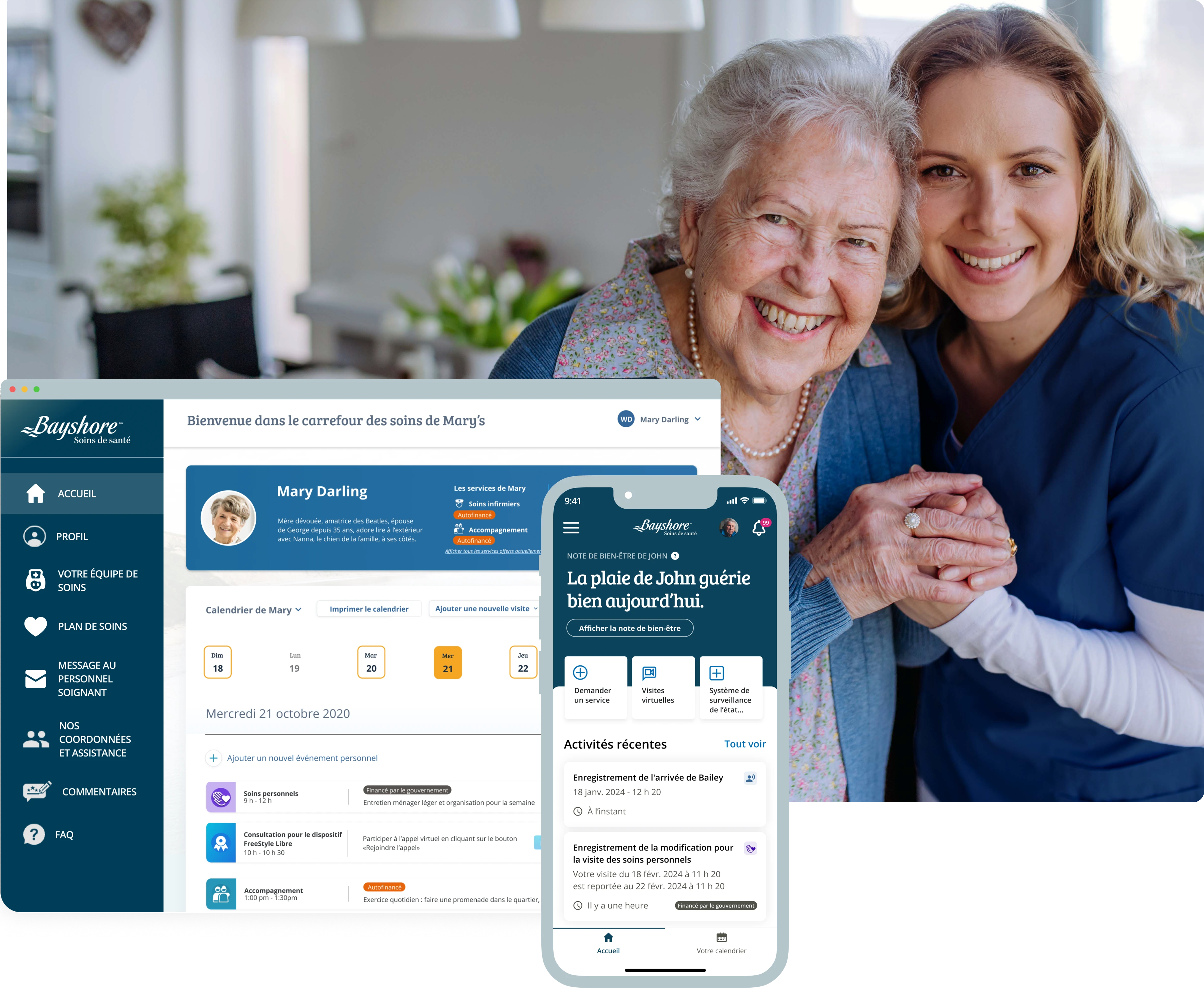 Interface utilisateur MesSoinsBayshore sur une image d'un soignant et d'un patient