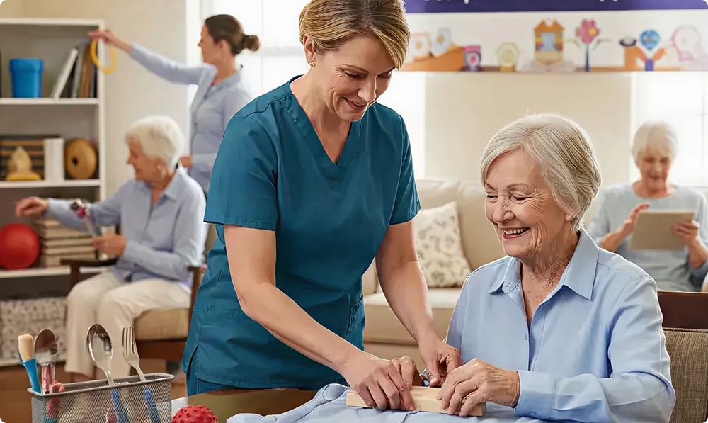 Therapy Services Health care professional doing some activities with an elderly woman