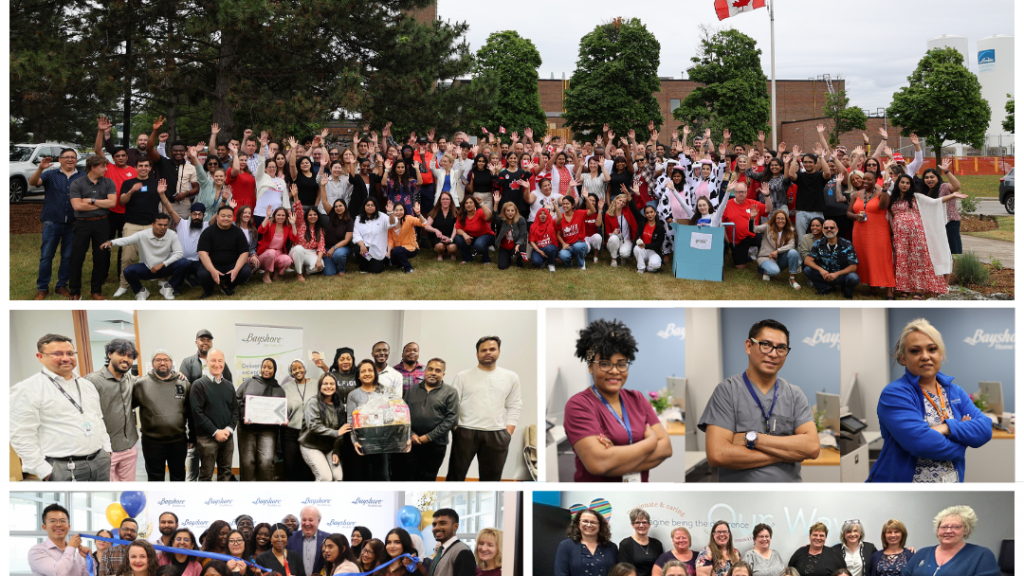 A collage of multiple group photos featuring diverse teams of Bayshore HealthCare employees smiling and posing in various office and outdoor settings. The images show staff celebrating, holding banners, and participating in company events. A large Canadian flag is visible in one outdoor scene. The bottom of the collage includes the Bayshore HealthCare logo and a “Canada’s Best Managed Companies – Platinum Member” emblem.