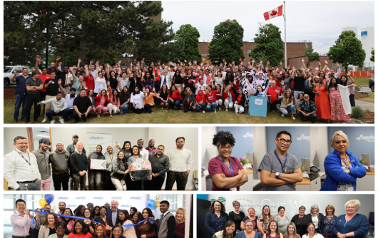 A collage of multiple group photos featuring diverse teams of Bayshore HealthCare employees smiling and posing in various office and outdoor settings. The images show staff celebrating, holding banners, and participating in company events. A large Canadian flag is visible in one outdoor scene. The bottom of the collage includes the Bayshore HealthCare logo and a “Canada’s Best Managed Companies – Platinum Member” emblem.