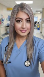Selfie of woman in scrubs